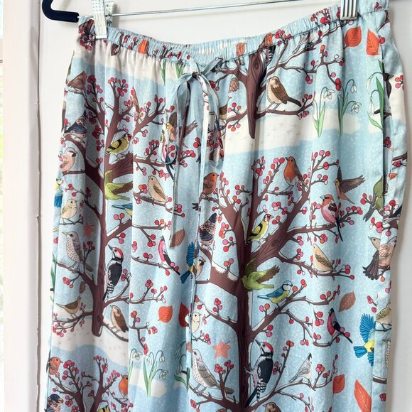 NWT Karen Mabon Winter Birds Satin Pajama Set Button Down Top + Pants Large - Picture 9 of 14
